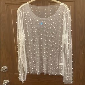 Elegant White Sheer Pearl-Embellished Top